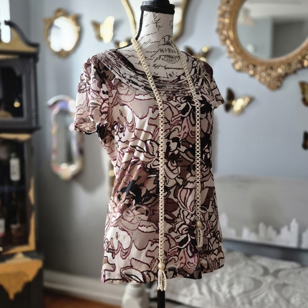 DISCONTINUED: Dana Buchman 70s Vibe Pink and Tan Floral Abstract Blouse Small - Picture 3 of 5